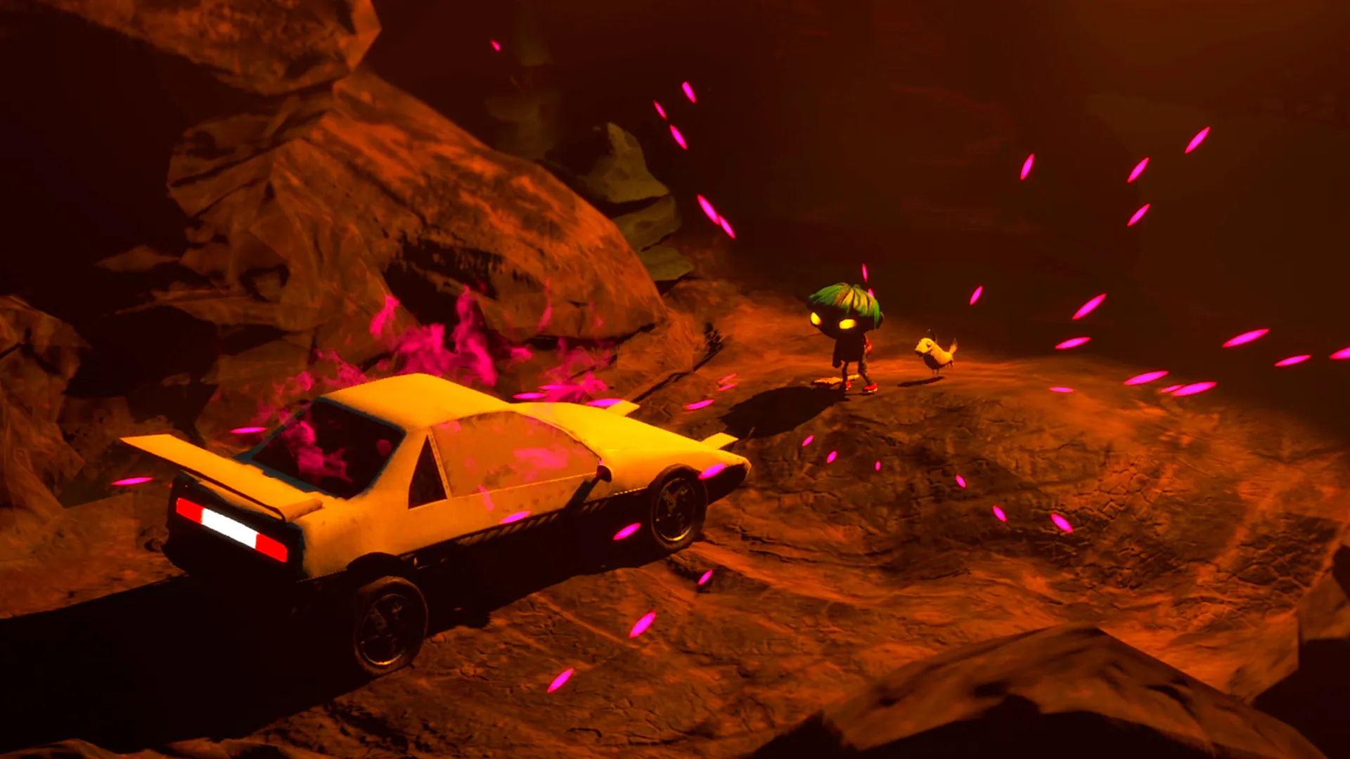 Une voiture jaune abandonnée dans un canyon ocre, où avance un personnage minuscule
